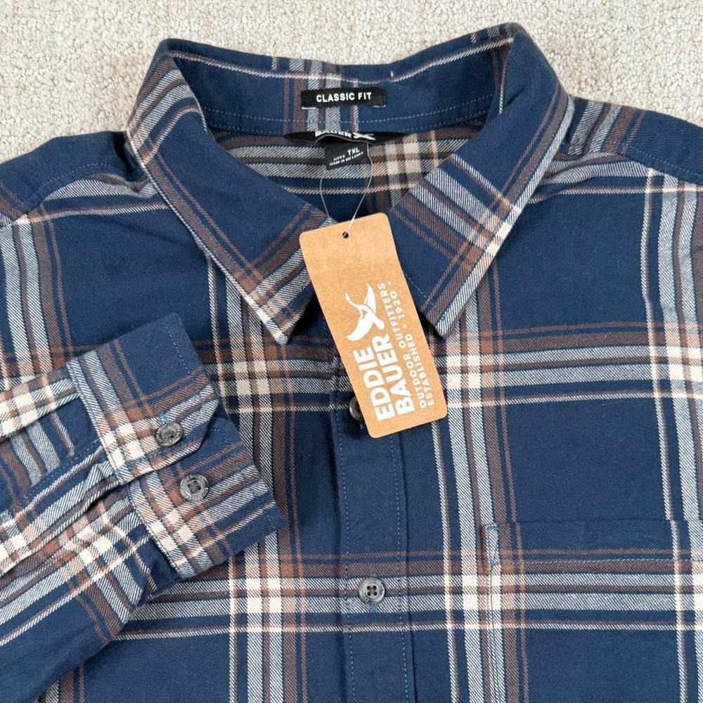 NEW Eddie Bauer Mens XLT Blue Plaid Favorite Flannel Long Sleeve Shirt